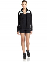 THE LOOKColorblock design Contrast panelsStand collarFront zip closureLong sleevesTHE FITAbout 24 from shoulder to hemTHE MATERIALCotton/spandexCARE & ORIGINMachine washImportedModel shown is 5'9 (175cm) wearing US size Small. THE LOOKColorblock design Contrast panelsStand collarFront zip closureLong sleevesTHE FITAbout 24 from shoulder to hemTHE MATERIALCotton/spandexCARE & ORIGINMachine washImportedModel shown is 5'9 (175cm) wearing US size Small.