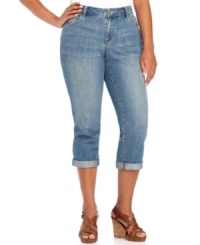 Get a classic casual look with DKNY Jeans' cropped plus size jeans, finished by a light wash. Get a classic casual look with DKNY Jeans' cropped plus size jeans, finished by a light wash.