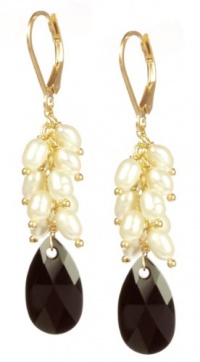 Gold Plated Sterling Silver Lever Back Cluster Earrings with White Freshwater Cultured Pearl Drop and Crystallized Swarovski Elements Jet Bicone Beads Gold Plated Sterling Silver Lever Back Cluster Earrings with White Freshwater Cultured Pearl Drop and Crystallized Swarovski Elements Jet Bicone Beads