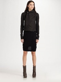 Matte calfskin leather, in a minimal, asymmetrical style accented by signature wool sleeve panels.Attached hoodConcealed asymmetrical zip frontWool panels on sleevesFully linedAbout 20 from shoulder to hem90% leather/10% woolDry cleanMade in Italy of imported fabricModel shown is 5'11 (180cm) wearing US size 4. Matte calfskin leather, in a minimal, asymmetrical style accented by signature wool sleeve panels.Attached hoodConcealed asymmetrical zip frontWool panels on sleevesFully linedAbout 20 from shoulder to hem90% leather/10% woolDry cleanMade in Italy of imported fabricModel shown is 5'11 (180cm) wearing US size 4.