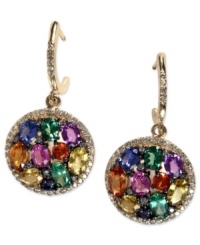 A resplendent array of color, EFFY Collection's stunning drop earrings are set in 14k gold and feature round-cut diamond edges (1/2 ct. t.w.) with a vibrant mix of round and oval-cut ceylon (5/8 ct. t.w.) and orange sapphire (9/10 ct. t.w.), as well as oval-cut pink sapphire (1/2 ct. t.w.), purple sapphire (1/2 ct. t.w.), tsavorite (1-1/8 ct. t.w.) and yellow sapphire (1-1/6 ct. t.w.). Approximate drop length: 1-1/4 inches. Approximate drop width: 1 inch. Approximate drop width: 5/8 inch. A resplendent array of color, EFFY Collection's stunning drop earrings are set in 14k gold and feature round-cut diamond edges (1/2 ct. t.w.) with a vibrant mix of round and oval-cut ceylon (5/8 ct. t.w.) and orange sapphire (9/10 ct. t.w.), as well as oval-cut pink sapphire (1/2 ct. t.w.), purple sapphire (1/2 ct. t.w.), tsavorite (1-1/8 ct. t.w.) and yellow sapphire (1-1/6 ct. t.w.). Approximate drop length: 1-1/4 inches. Approximate drop width: 1 inch. Approximate drop width: 5/8 inch.