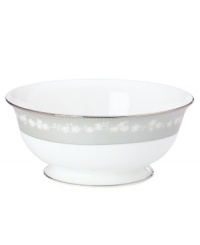 To entertain with grace and style look no further than this Bellina serving bowl from Lenox's dinnerware and dishes collection. Elegant bone china with a delicate floral design and textured white beads is finished with platinum trim. Serving bowl shown back. To entertain with grace and style look no further than this Bellina serving bowl from Lenox's dinnerware and dishes collection. Elegant bone china with a delicate floral design and textured white beads is finished with platinum trim. Serving bowl shown back.