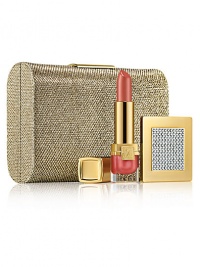 Makeup essentials for Sparkling Nights. The perfect gift: a sleek, goldtone clutch that includes a golden mirror made with SWAROVSKI ELEMENTS and a Pure Color Crystal Lipstick in Bermuda Pink. Limited quantities. Made in USA. 