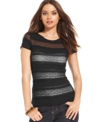 Sheer lace stripes adds a hint of sultriness to this BCBGMAXAZRIA top -- a hot layering piece! Sheer lace stripes adds a hint of sultriness to this BCBGMAXAZRIA top -- a hot layering piece!
