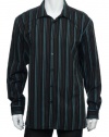 Alfani Fitted Black Basic (black brown coral and blue) Vertical Stripes LS Button Down Shirt