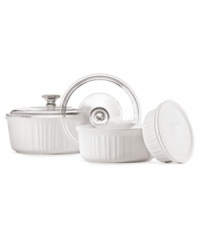 Cook in classic form! This must-have set is made of durable Corningware stoneware is designed for use virtually anywhere, letting you bake, serve and store in the same dish. The classic, fluted design creates an elegant presentation for any meal, complementing cuisine to delicious perfection. One-year warranty. Cook in classic form! This must-have set is made of durable Corningware stoneware is designed for use virtually anywhere, letting you bake, serve and store in the same dish. The classic, fluted design creates an elegant presentation for any meal, complementing cuisine to delicious perfection. One-year warranty.