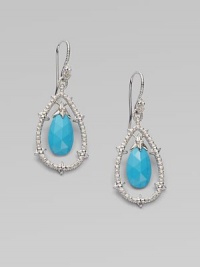 From the Calypso Collection. A shining teardrop with a spiky texture and white sapphire accents frames a faceted drop of vivid turquoise.Turquoise and white sapphireRhodium platedLength, about 2Ear wireImported From the Calypso Collection. A shining teardrop with a spiky texture and white sapphire accents frames a faceted drop of vivid turquoise.Turquoise and white sapphireRhodium platedLength, about 2Ear wireImported