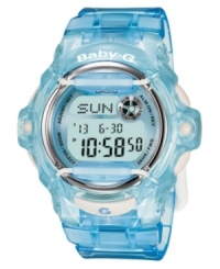 A baby blue watch in crystalline jelly gives your look an upbeat, urban edge. This Baby-G watch features a blue resin strap and round case. Shock-resistant, digital display dial with backlight, databank, world time, counter, alarms, countdown, stopwatch, calendar and logo. Quartz movement. Water resistant to 200 meters. One-year limited warranty. A baby blue watch in crystalline jelly gives your look an upbeat, urban edge. This Baby-G watch features a blue resin strap and round case. Shock-resistant, digital display dial with backlight, databank, world time, counter, alarms, countdown, stopwatch, calendar and logo. Quartz movement. Water resistant to 200 meters. One-year limited warranty.