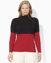 A soft ribbed cotton top is crafted with an angled zipper at the mockneck for sleek, modern style. A soft ribbed cotton top is crafted with an angled zipper at the mockneck for sleek, modern style.