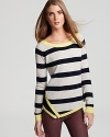 Stand for stripes in this wool-blend Jamison sweater, enhanced with contrast color blocked accents and a chic asymmetric hem.