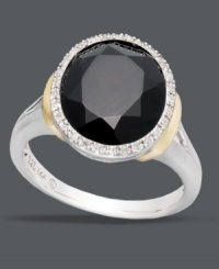 A statement-making style adds instant dimension to your look. Crafted in sterling silver with 14k gold accents at the sides, this bold ring highlights a round-cut onyx center stone (3-5/8 ct. t.w.) encircled by sparkling diamonds (1/10 ct. t.w.). Size 7. A statement-making style adds instant dimension to your look. Crafted in sterling silver with 14k gold accents at the sides, this bold ring highlights a round-cut onyx center stone (3-5/8 ct. t.w.) encircled by sparkling diamonds (1/10 ct. t.w.). Size 7.