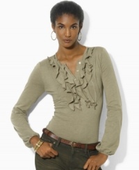 Flirty ruffles and pintucks lend femininity and charm to Lauren Ralph Lauren's cotton-blend petite jersey top.