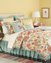 The Elizabetha comforter set from Martha Stewart Collection offers an exotic look for the bedroom, featuring a striking floral pattern in a vibrant palette of yellow, orange, red and blue. Bedskirt, shams and European shams complete the look with coordinating colors and patterns.