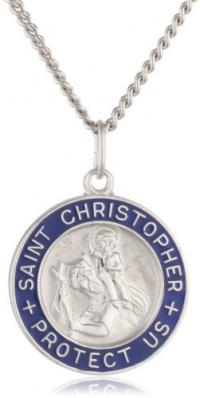 Sterling Silver Round St Christopher Medal with Blue Edge, 20 Sterling Silver Round St Christopher Medal with Blue Edge, 20