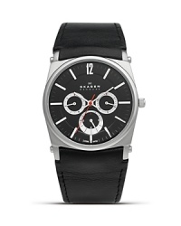 A performance piece, this leather strapped watch from Skagen with Japanese quartz movement and a bold leather strap is designed with dynamism in mind. A performance piece, this leather strapped watch from Skagen with Japanese quartz movement and a bold leather strap is designed with dynamism in mind.