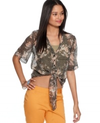 Go for a retro-inspired girly-glam look with this sheer Bar III dot & floral-printed tie blouse -- perfect as a hot layering piece! Go for a retro-inspired girly-glam look with this sheer Bar III dot & floral-printed tie blouse -- perfect as a hot layering piece!