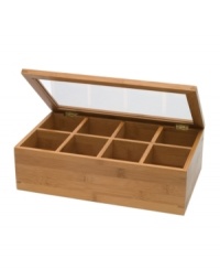 Keep herbal teas separate from classic black and spicy chai in this handsome bamboo tea box. A glass lid means you can weigh the options before selecting your cup of choice. Keep herbal teas separate from classic black and spicy chai in this handsome bamboo tea box. A glass lid means you can weigh the options before selecting your cup of choice.