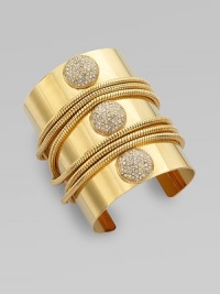 A distinctive design with three pavé rhinestone circles and multi-wrap snake chain details. Glass stonesBrassDiameter, about 2¼Slip-on styleImported A distinctive design with three pavé rhinestone circles and multi-wrap snake chain details. Glass stonesBrassDiameter, about 2¼Slip-on styleImported