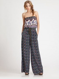 A chic boho-print highlights supple silk crepe in this feminine blouson one-piece.StraplessBlouson bodiceDrawstring cord waistWide legsInseam, about 33SilkDry cleanImportedModel shown is 5'9 (175cm) wearing US size Small. A chic boho-print highlights supple silk crepe in this feminine blouson one-piece.StraplessBlouson bodiceDrawstring cord waistWide legsInseam, about 33SilkDry cleanImportedModel shown is 5'9 (175cm) wearing US size Small.