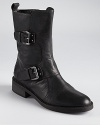 With moto-boot details, this downtown, double-buckled boot feels more feminine with a soft, almond-shaped toe.