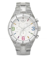 Don't take yourself too seriously. Colorful Cambridge watch by adidas crafted of crystal clear nylon plastic bracelet and round case with silver tone bezel. White chronograph dial features multicolor numerals at three, six and nine o'clock, stick indices, minute track, three subdials, date window, three hands and logo. Quartz movement. Water resistant to 50 meters. Two-year limited warranty. Don't take yourself too seriously. Colorful Cambridge watch by adidas crafted of crystal clear nylon plastic bracelet and round case with silver tone bezel. White chronograph dial features multicolor numerals at three, six and nine o'clock, stick indices, minute track, three subdials, date window, three hands and logo. Quartz movement. Water resistant to 50 meters. Two-year limited warranty.