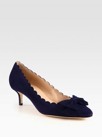 Scallop edging and a feminine bow add chic style to this suede kitten-heel silhouette. Self-covered heel, 2 (50mm)Suede upperPoint toeLeather lining and solePadded insoleMade in Italy Scallop edging and a feminine bow add chic style to this suede kitten-heel silhouette. Self-covered heel, 2 (50mm)Suede upperPoint toeLeather lining and solePadded insoleMade in Italy