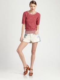 Vibrant, marled sweater has elbow-length sleeves and timeless ribbed trim. Ribbed crewneckElbow-length sleevesRibbed hem60% cotton/28% wool/12% nylonDry cleanImportedModel shown is 5'10 (177cm) wearing US size Small. Vibrant, marled sweater has elbow-length sleeves and timeless ribbed trim. Ribbed crewneckElbow-length sleevesRibbed hem60% cotton/28% wool/12% nylonDry cleanImportedModel shown is 5'10 (177cm) wearing US size Small.