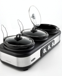 Make more! Three slow cookers with individual temperature controls open the door to endless dinner possibilities. The compact space-saving design houses three durable stoneware pots that cook up every part of the meal at once. 1-year warranty. Model 13576. Make more! Three slow cookers with individual temperature controls open the door to endless dinner possibilities. The compact space-saving design houses three durable stoneware pots that cook up every part of the meal at once. 1-year warranty. Model 13576.