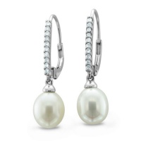 Diamond and Pearl Drop Earrings in 14k White Gold Hoop Earrings - Certificate of Authenticity Diamond and Pearl Drop Earrings in 14k White Gold Hoop Earrings - Certificate of Authenticity