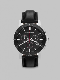 A signature chronograph style with a check stamped dial that is brought together by a rich, leather strap bracelet.Quartz movementChronograph dialRound bezelWater resistant to 5ATMDate display at 4 o'clockSecond handStainless steel case: 42mm(1.65)Leather strap braceletImported