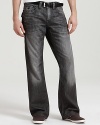 True Religion's straight leg jeans with signature horseshoe pocket styling in a silver wash.