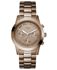 A classic design with a modern hue: this GUESS watch is built with chronograph dials with stopwatch and international time functions. A classic design with a modern hue: this GUESS watch is built with chronograph dials with stopwatch and international time functions.