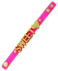 Sugary style. A chic neon pink leather bracelet from BCBGeneration with gold tone mixed metal letters and snaps. Approximate length: 8 inches. Sugary style. A chic neon pink leather bracelet from BCBGeneration with gold tone mixed metal letters and snaps. Approximate length: 8 inches.