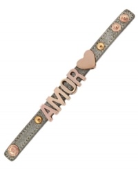 Show your love. BCBGeneration's Amor leather bracelet features rose gold tone mixed metal letters and a snap closure. Approximate length: 8-1/2 inches. Show your love. BCBGeneration's Amor leather bracelet features rose gold tone mixed metal letters and a snap closure. Approximate length: 8-1/2 inches.