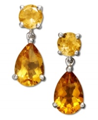 Brighten any day with the bold look of citrine. These sparkling earrings, with round and pear-cut gemstones (2-1/10 ct. t.w.) add rich warmth to any look. Post backing and setting crafted in sterling silver. Approximate drop: 1/4 inch. Brighten any day with the bold look of citrine. These sparkling earrings, with round and pear-cut gemstones (2-1/10 ct. t.w.) add rich warmth to any look. Post backing and setting crafted in sterling silver. Approximate drop: 1/4 inch.
