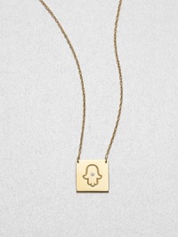 A diamond accented spiritual, hamsa plaque on a long, delicate link chain. DiamondGoldtone sterling silverLength, about 15-16Pendant size, about .5Lobster clasp closureMade in USA A diamond accented spiritual, hamsa plaque on a long, delicate link chain. DiamondGoldtone sterling silverLength, about 15-16Pendant size, about .5Lobster clasp closureMade in USA