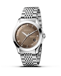 A stainless steel watch from the Gucci G-Timeless collection. Round brown dial with pattern and stick hour indices. Sweep second hand and date window. A stainless steel watch from the Gucci G-Timeless collection. Round brown dial with pattern and stick hour indices. Sweep second hand and date window.
