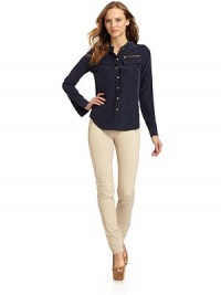 THE LOOKStand collarLong sleevesButton cuffsEpaulettesZip chest pocketFaux flap chest pocketsBack yoke with embroidered detailBack box pleatRounded hemTHE FITAbout 26 long from shoulder to hemTHE MATERIALSilkCARE & ORIGINDry cleanImportedModel shown is 5'9 (175cm) wearing US size 4. THE LOOKStand collarLong sleevesButton cuffsEpaulettesZip chest pocketFaux flap chest pocketsBack yoke with embroidered detailBack box pleatRounded hemTHE FITAbout 26 long from shoulder to hemTHE MATERIALSilkCARE & ORIGINDry cleanImportedModel shown is 5'9 (175cm) wearing US size 4.