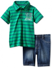 Calvin Klein Boys 2-7 Striped Polo Shirt With Short, Green, 3T Calvin Klein Boys 2-7 Striped Polo Shirt With Short, Green, 3T
