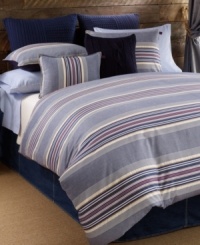 Snug stripes. This Sun Valley comforter set from Tommy Hilfiger features textured blue and ivory horizontal stripes with red and tan accents for homespun charm. Reverses to solid. Snug stripes. This Sun Valley comforter set from Tommy Hilfiger features textured blue and ivory horizontal stripes with red and tan accents for homespun charm. Reverses to solid.