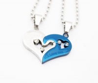 Couple Stainless Steel Necklace Sets Blue & Silver I Love You Heart Shape Pendant with Cubic Zirconium Diamond for Lover Valentine