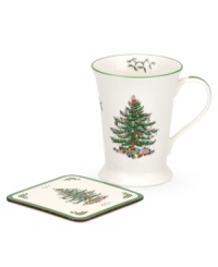 With an historic pattern starring the most cherished symbol of the season, Spode's Christmas Tree mug and drink coasters set is a festive gift to holiday dining. Evergreen trees with baubles, tinsel, and perfectly wrapped packages complete every celebration.