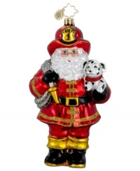 Santa to the rescue! Dressed in full uniform and carrying a hose and a cute little pup, Santa saves the day in this handcrafted, mouth-blown glass ornament from Christopher Radko. Perfect for the fireman in your family. Santa to the rescue! Dressed in full uniform and carrying a hose and a cute little pup, Santa saves the day in this handcrafted, mouth-blown glass ornament from Christopher Radko. Perfect for the fireman in your family.