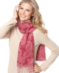 The finishing touch. Add dimension to a neutral sweater or wool coat with vivid paisley. Soft brushed knit scarf by Cejon.