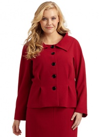 THE LOOKWide collarButton closurePleat in back hemTHE FITAbout 24 from shoulder to hemTHE MATERIALPolyester/viscose/spandexFully linedCARE & ORIGINDry cleanImported THE LOOKWide collarButton closurePleat in back hemTHE FITAbout 24 from shoulder to hemTHE MATERIALPolyester/viscose/spandexFully linedCARE & ORIGINDry cleanImported