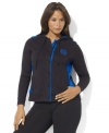 Lauren Ralph Lauren's soft cotton track jacket with a hint of stretch sports a buttoned front and bold color-blocked details for athletic appeal.