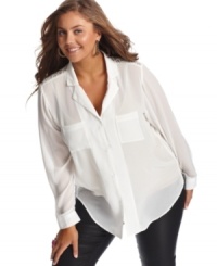 Lace is a must-have trend this season, so score American Rag's long-sleeve plus size blouse. Lace is a must-have trend this season, so score American Rag's long-sleeve plus size blouse.