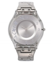 Grace in motion. This sleek steel watch from Swatch's Climber Flowery collection lets your style blossom with a delicate flower motif. Grace in motion. This sleek steel watch from Swatch's Climber Flowery collection lets your style blossom with a delicate flower motif.