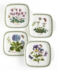 Treat the discerning china collector or naturalist on your gift list to Botanic Garden square canape plates by Portmeirion dinnerware. The dishes feature a different variety of blossoms--from pansies and primrose, to cyclamen and daisies – on white porcelain with vine trim. With a handle for easy carrying. Treat the discerning china collector or naturalist on your gift list to Botanic Garden square canape plates by Portmeirion dinnerware. The dishes feature a different variety of blossoms--from pansies and primrose, to cyclamen and daisies – on white porcelain with vine trim. With a handle for easy carrying.