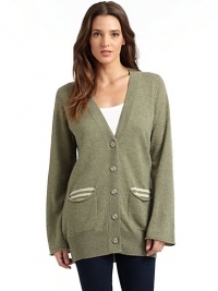 THE LOOKV-neckButton-tab sleevesButton frontDual front patch pockets with striped intarsia liningWide ribbed hemTHE FITAbout 30 from shoulder to hemTHE MATERIALCashmereCARE & ORIGINDry cleanImportedModel shown is 5'8 (173cm) wearing US size Small. THE LOOKV-neckButton-tab sleevesButton frontDual front patch pockets with striped intarsia liningWide ribbed hemTHE FITAbout 30 from shoulder to hemTHE MATERIALCashmereCARE & ORIGINDry cleanImportedModel shown is 5'8 (173cm) wearing US size Small.